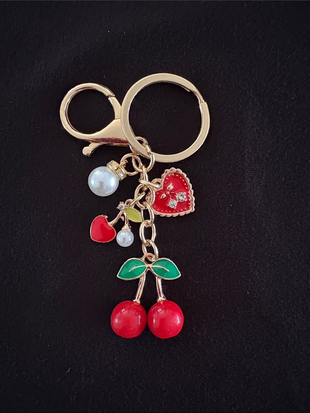 Cute Red Cherry & Heart Keychain Bag Charm with Pearls